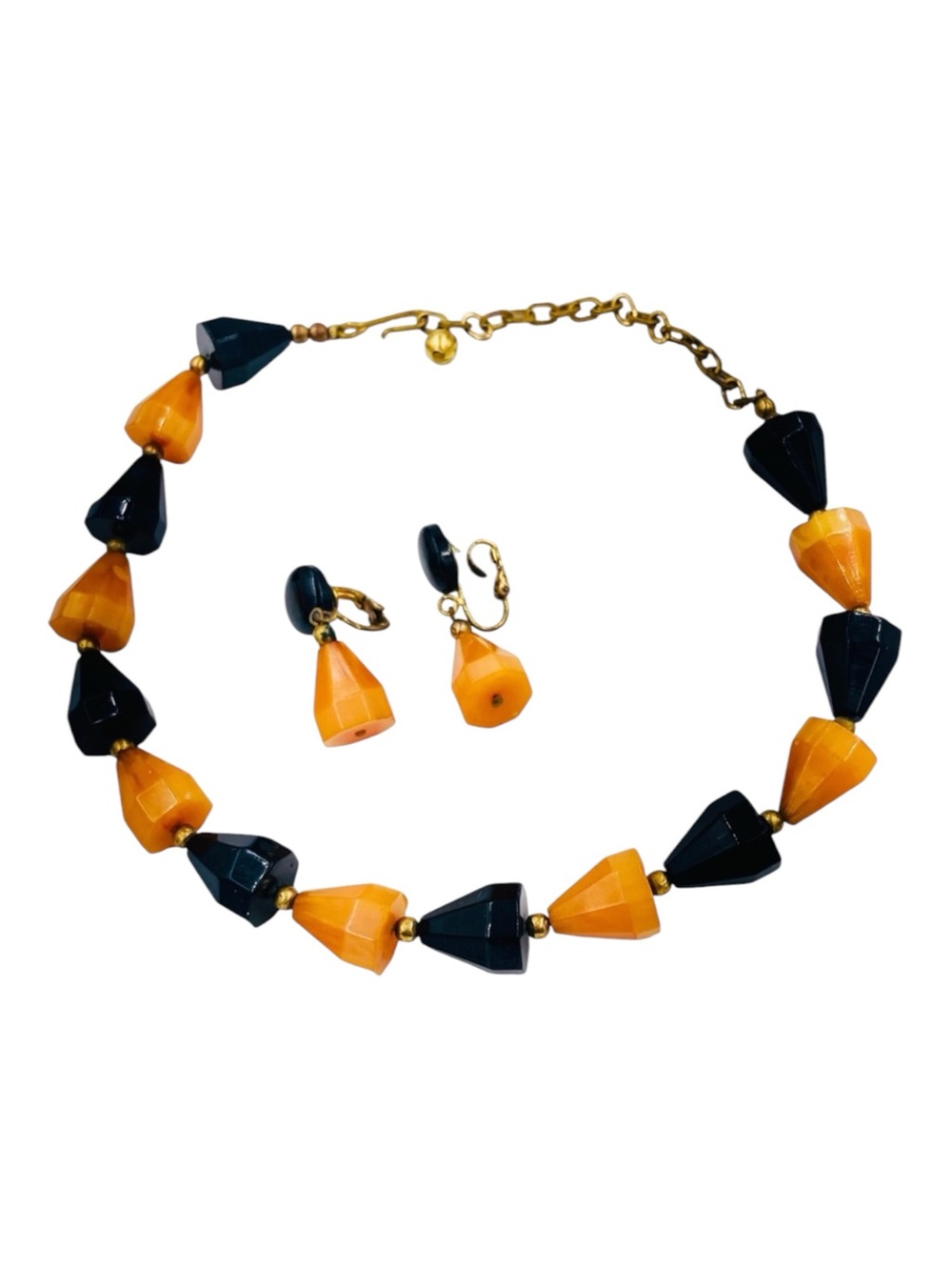 Vintage Bakelite Black Orange Pyramid Bead Necklace Earring Set